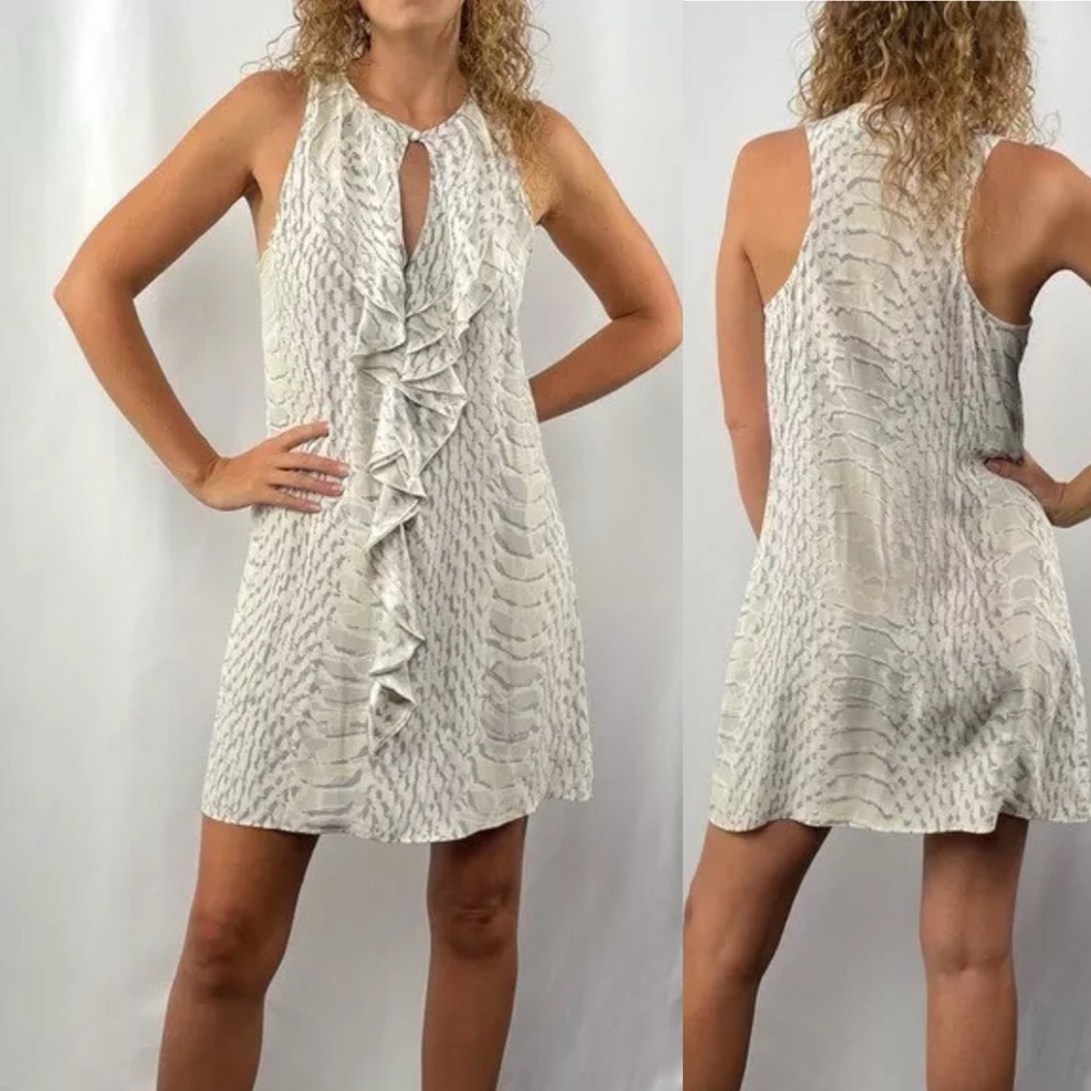 Parker Silk Ruffle Sleeveless Mini Dress in Cream/Grey